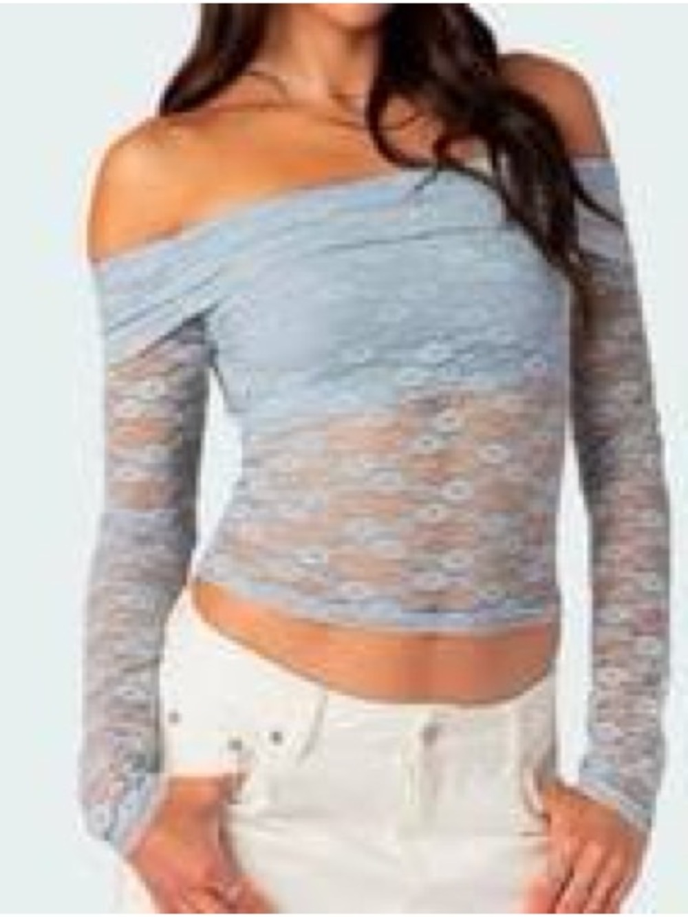 Edikted Sheer Lace Off Shoulder Y2K Coquette Top Blue Small